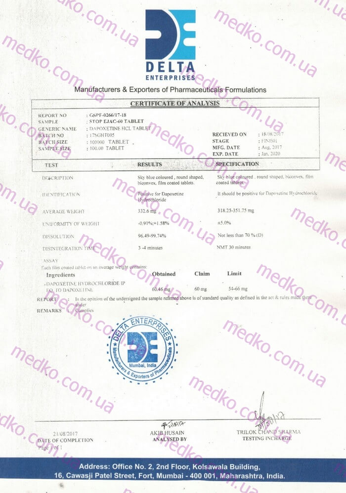  Сертифікат Дапоксетин 